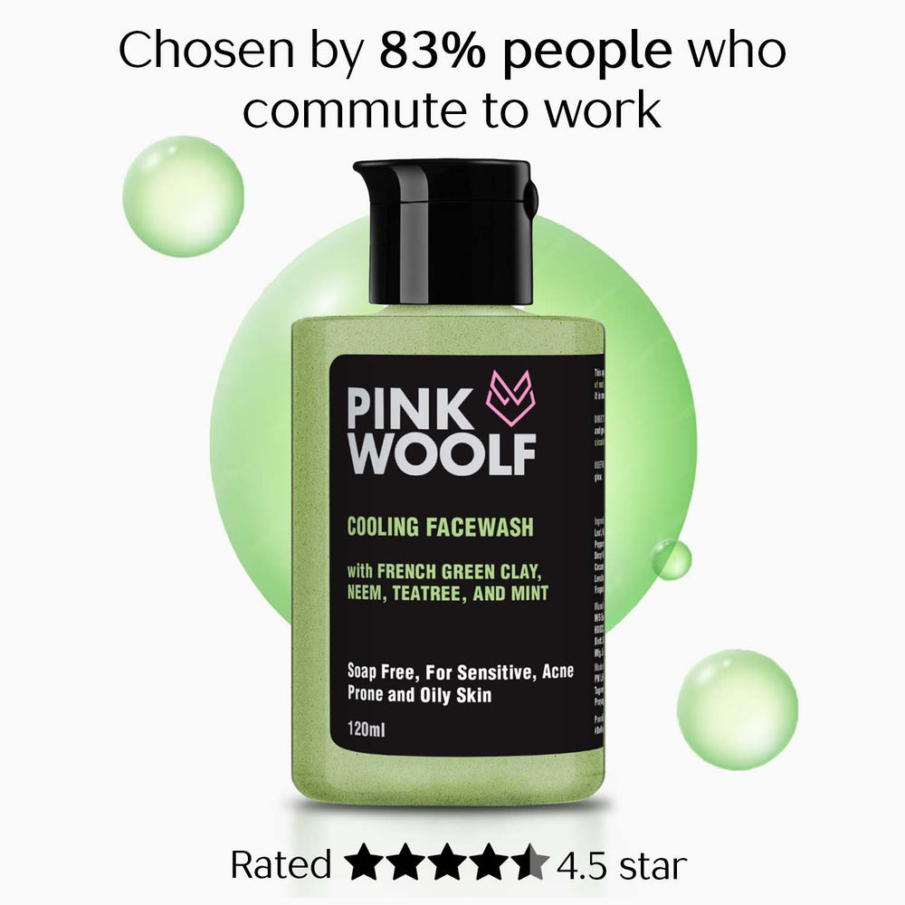 Pink Woolf cooling facewash bottle with green bubbles on a white background