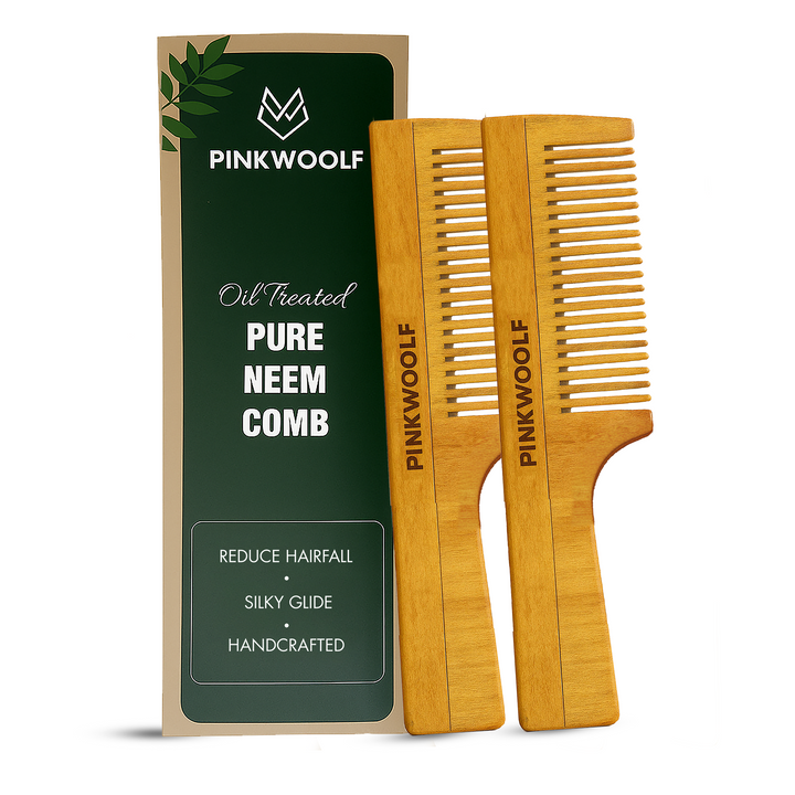 Neem Wooden Comb With Handle (Pack of 2) PinkWoolf IN