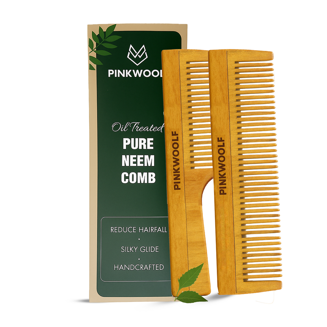 Neem Wood Comb Combo (Handle + Long Comb) PinkWoolf IN