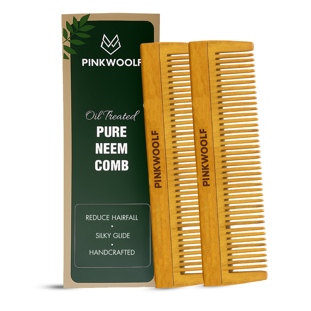 Neem Wooden Hair Comb with Dual Teeth (Pack of 2) PinkWoolf IN