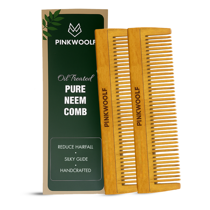 Neem Wooden Hair Comb with Dual Teeth (Pack of 2) PinkWoolf IN