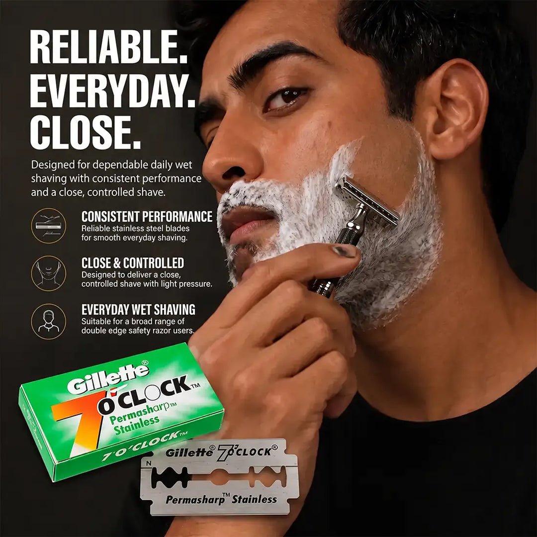 A man shaving with Pink Woolf shaving cream lather on his face, holding a Gillette O'Clock stainless steel razor. 