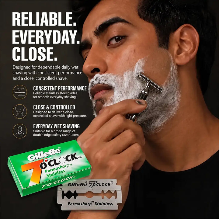 A man shaving with Pink Woolf shaving cream lather on his face, holding a Gillette O'Clock stainless steel razor. 
