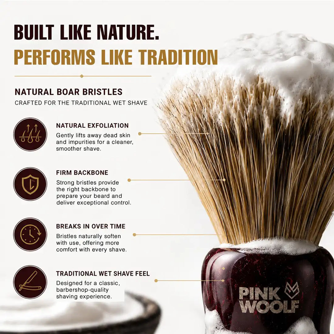Natural boar bristle shaving brush with firm backbone exfoliation and traditional wet shave feel