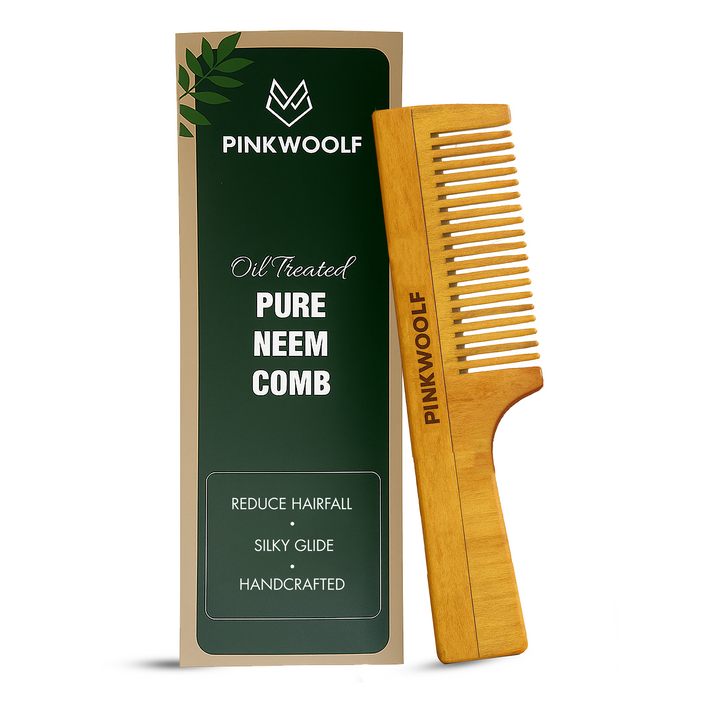 Neem Wooden Comb - Wide Teeth With Handle PinkWoolf IN