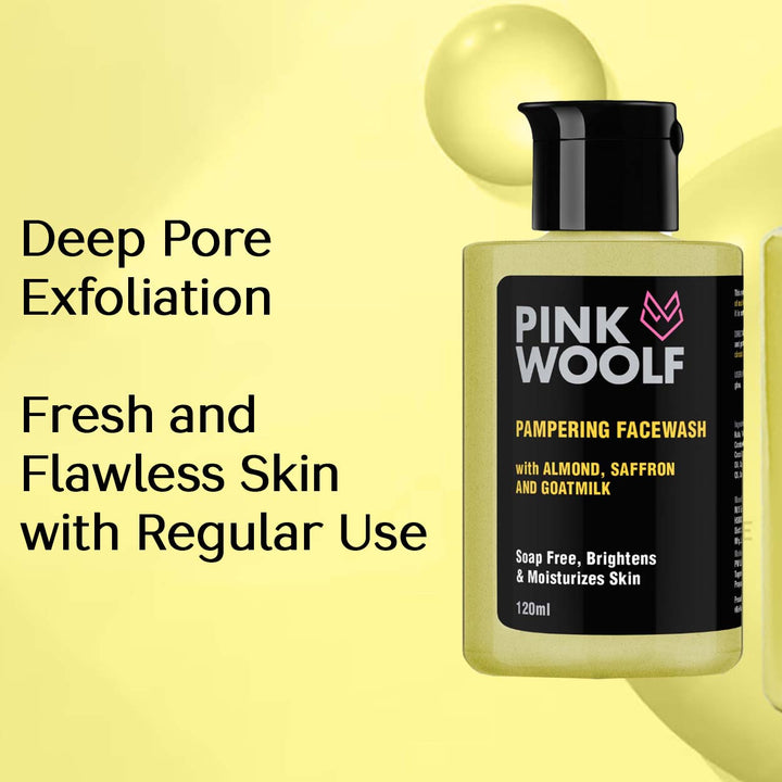 Pink Wool almond saffron goatmilk facewash bottle with text on a yellow background for deep exfoliation to get fresh and flawless skin with regular use.