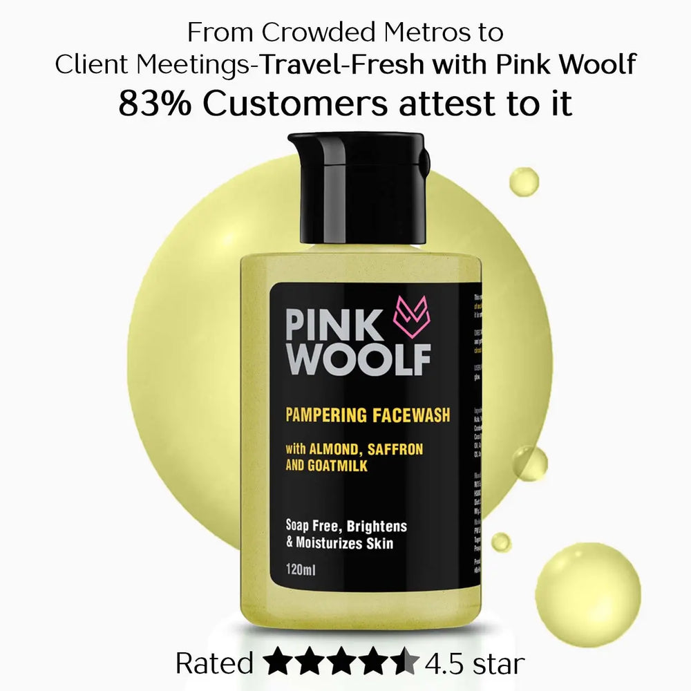 Pink Woolf Saffron Almond Goatmilk facewash bottle with product details on a white background