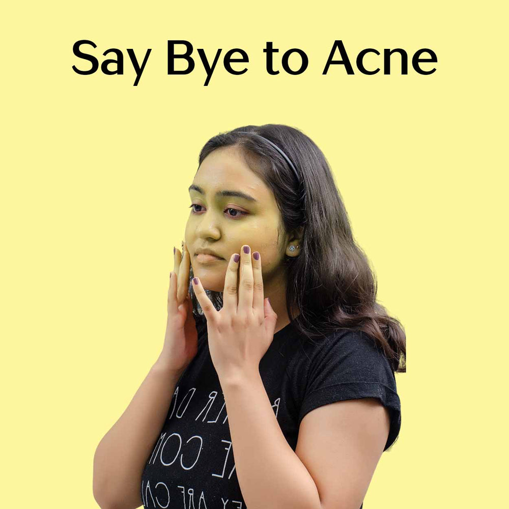 Girl with acne applying the saffron almond goatmilk face wash on a yellow background with text 'Say Bye to Acne'.