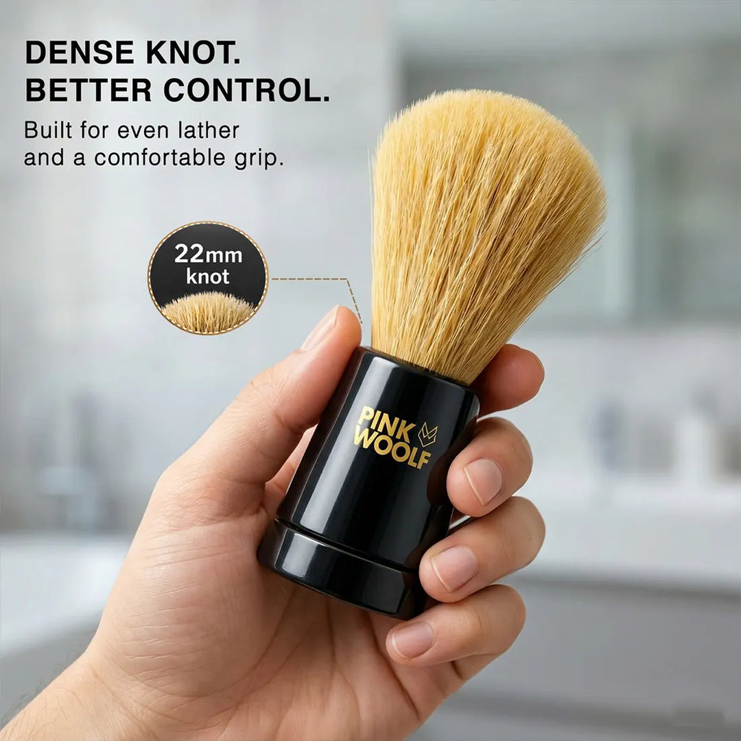 Pink Woolf Velvet 22mm synthetic shaving brush with dense knot and comfortable grip
