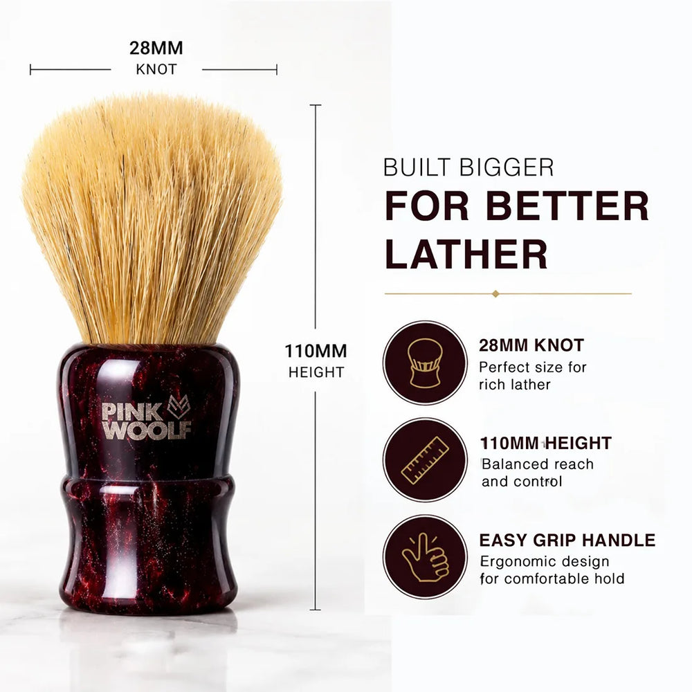 Pink Woolf 28mm boar shaving brush with 110mm height and ergonomic maroon handle