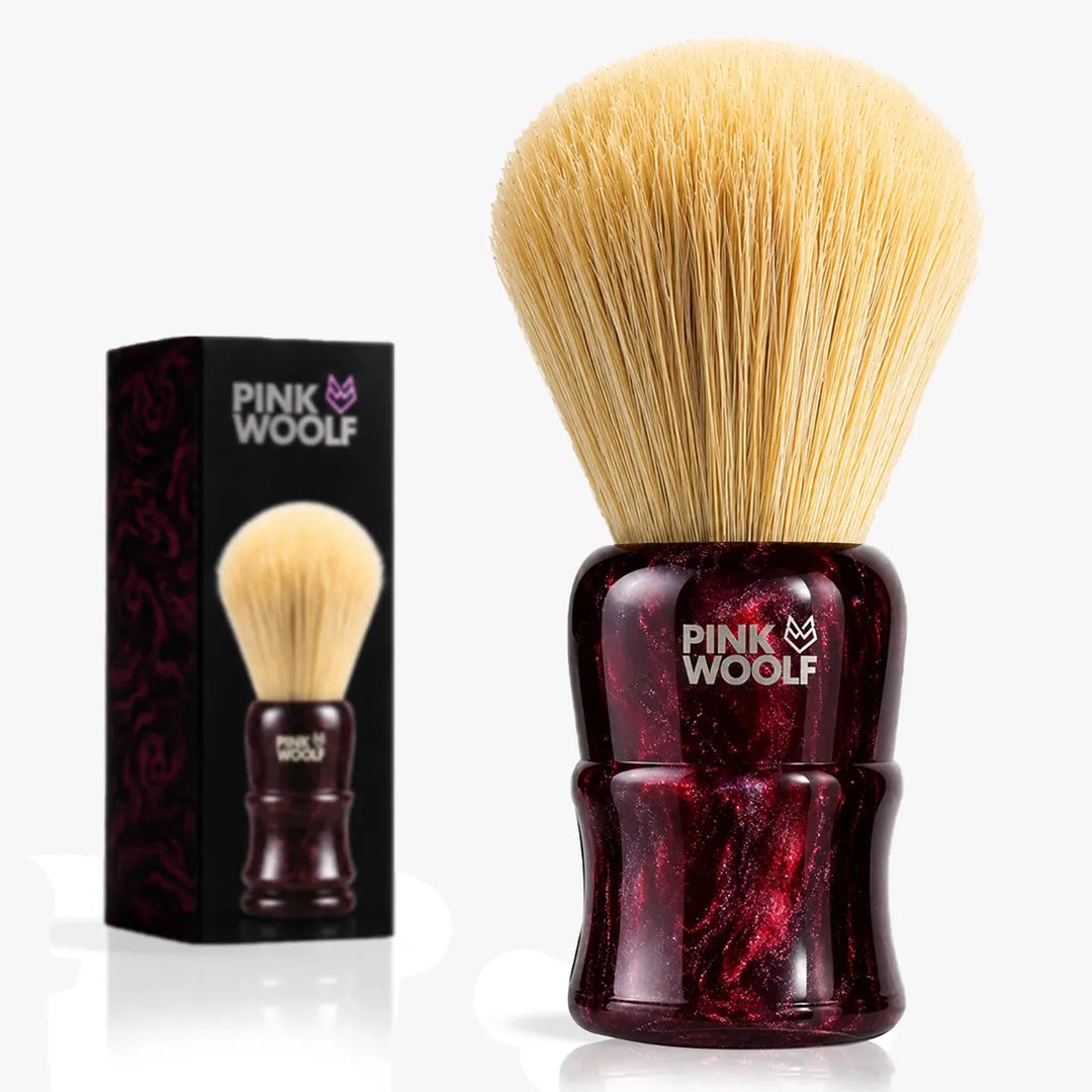 Pink Woolf 28mm natural boar shaving brush with maroon resin handle and gift box