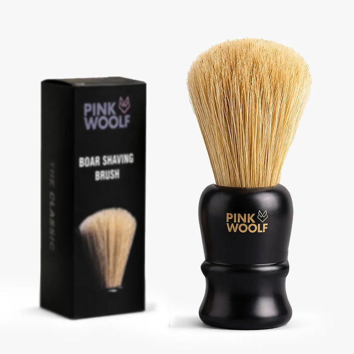 Pink Woolf black boar bristle shaving brush with 25mm knot and retail box