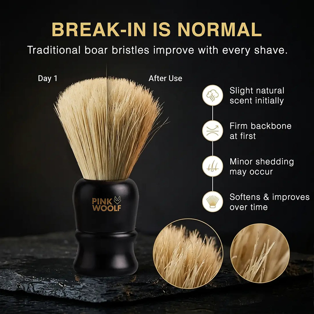 Pink Woolf boar bristle shaving brush break-in guide showing natural bristle softening