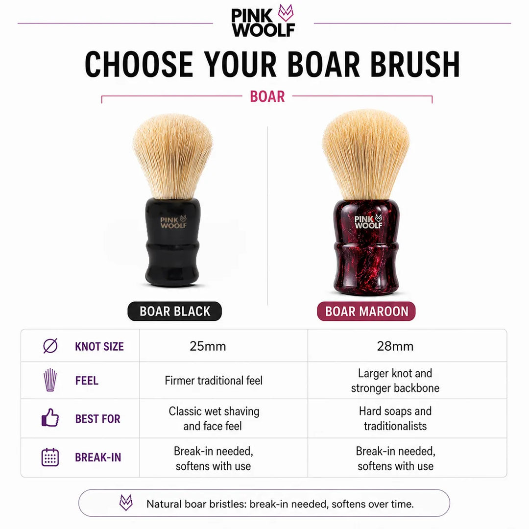 Pink Woolf 25mm black and 28mm maroon natural boar shaving brush comparison