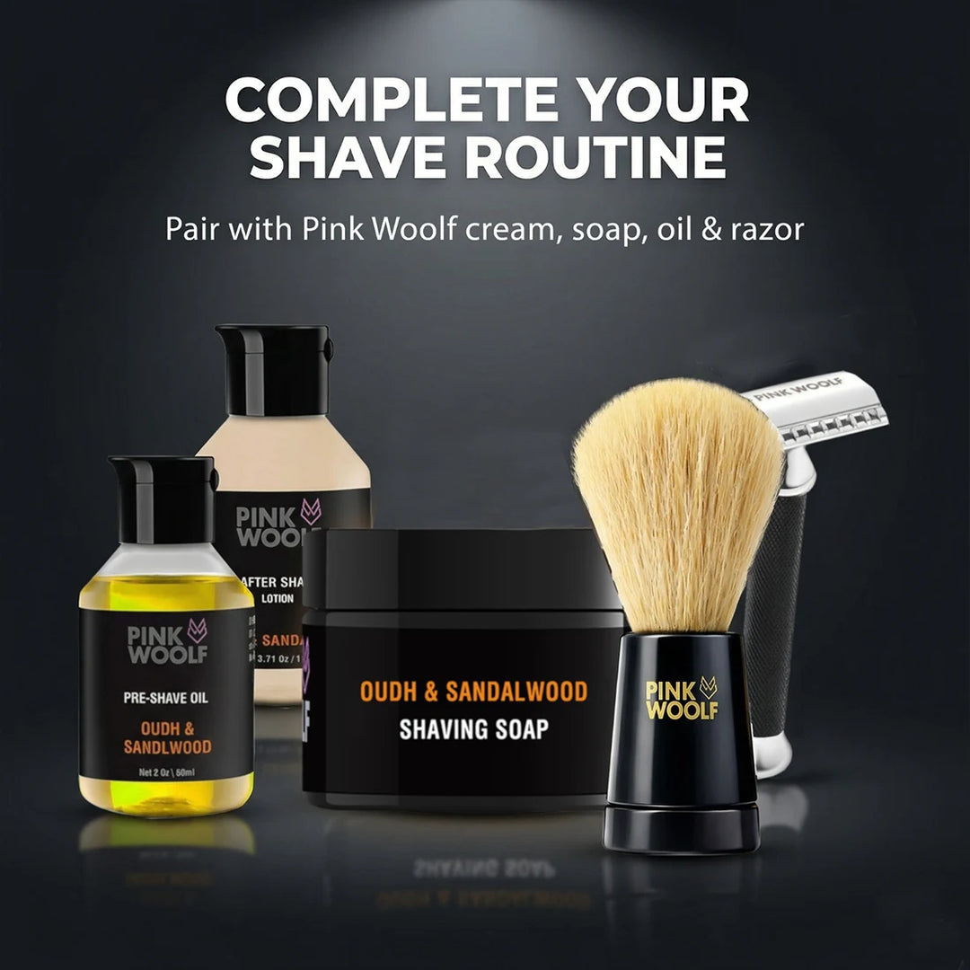 Pink Woolf wet shaving routine with synthetic shaving brush shaving soap pre-shave oil and safety razor