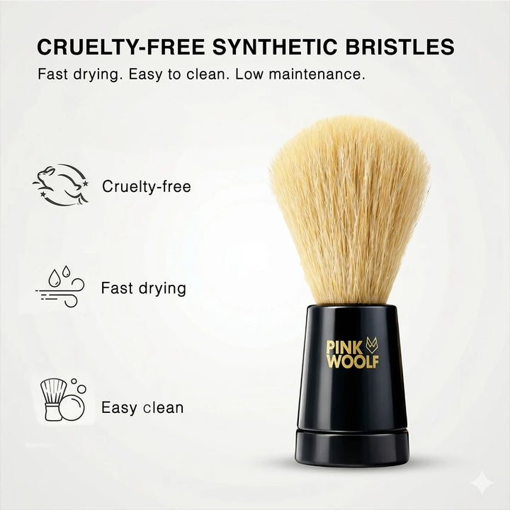 Pink Woolf cruelty-free synthetic shaving brush with fast-drying easy-clean bristles