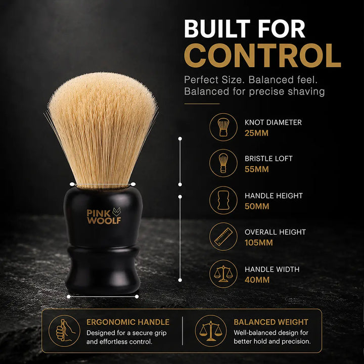 Pink Woolf black boar shaving brush with 25mm knot ergonomic handle and dimensions
