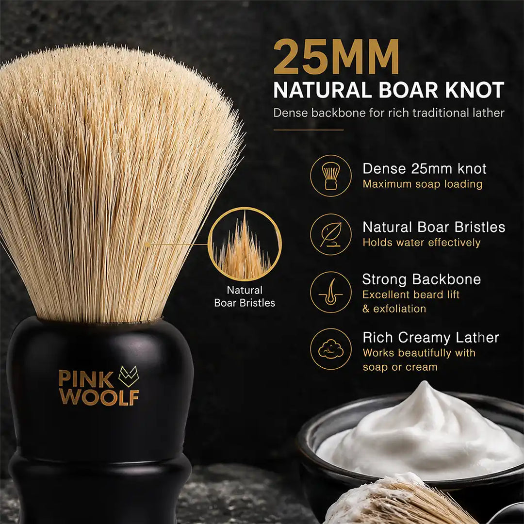 Pink Woolf 25mm natural boar bristle shaving brush for rich traditional lather
