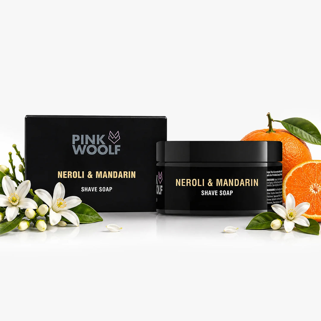 Pink Woolf Neroli and Mandarin shaving soap for men with orange blossom and mandarin