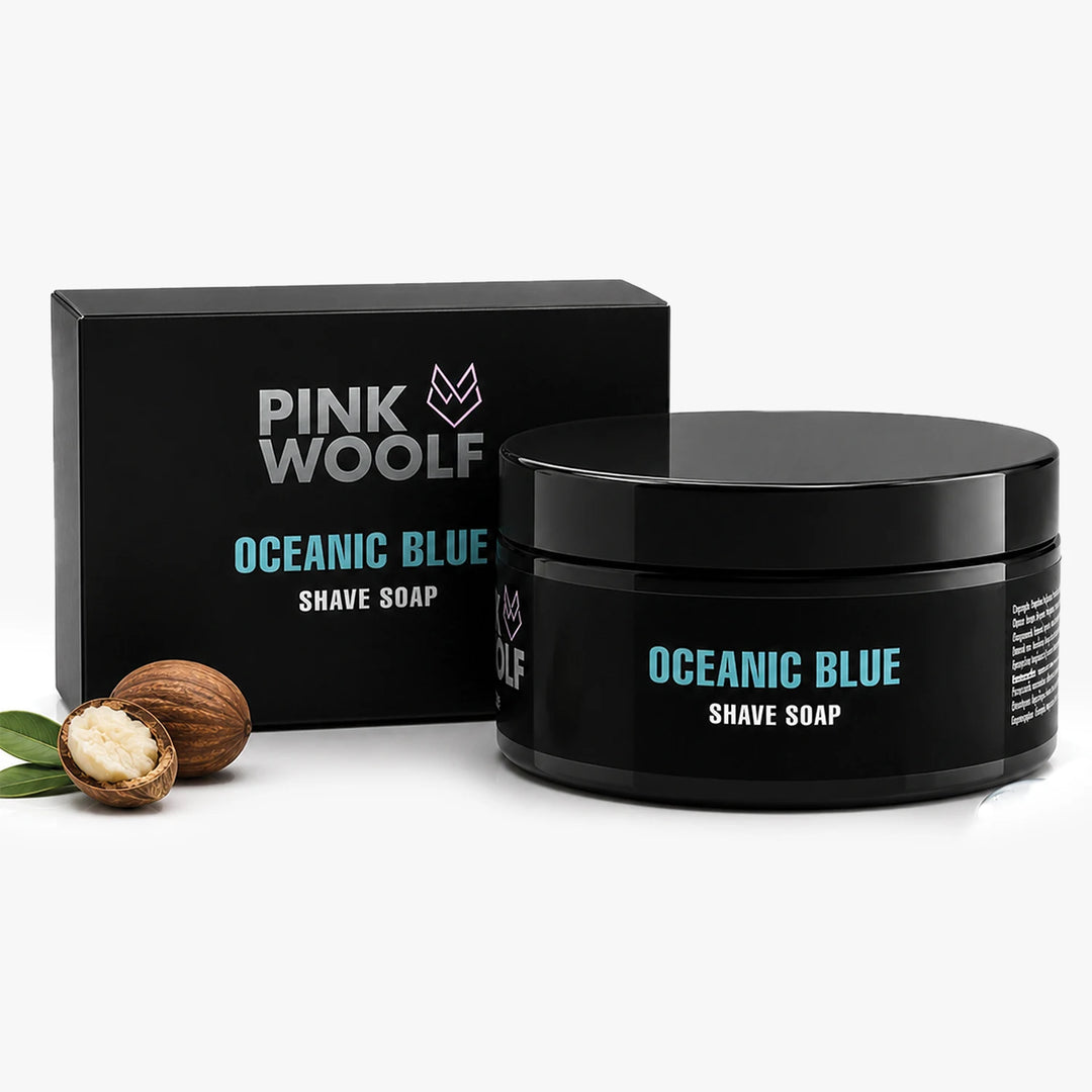 Pink Woolf Oceanic Blue shaving soap for men with jar and retail box