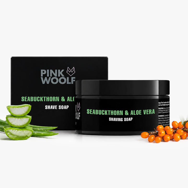 Pink Woolf Seabuckthorn and Aloe Vera shaving soap for men with jar and retail box