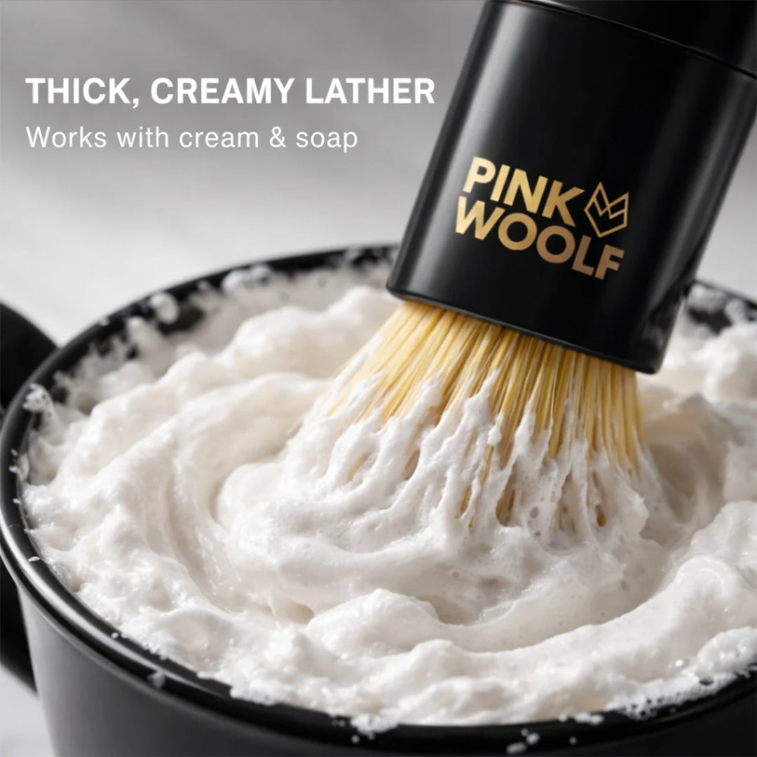 Pink Woolf synthetic shaving brush building thick creamy lather with shaving soap or cream