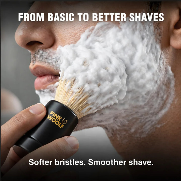 Pink Woolf Velvet synthetic shaving brush applying rich lather for a smooth comfortable shave
