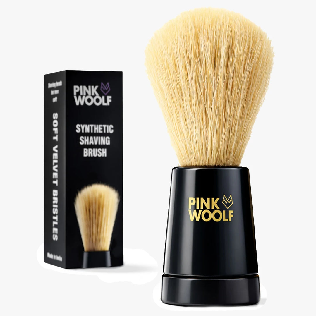 Pink Woolf Velvet 22mm synthetic shaving brush with black handle and packaging