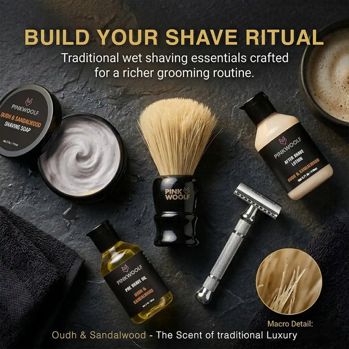 Pink Woolf boar shaving brush with shaving soap razor pre shave oil and after shave