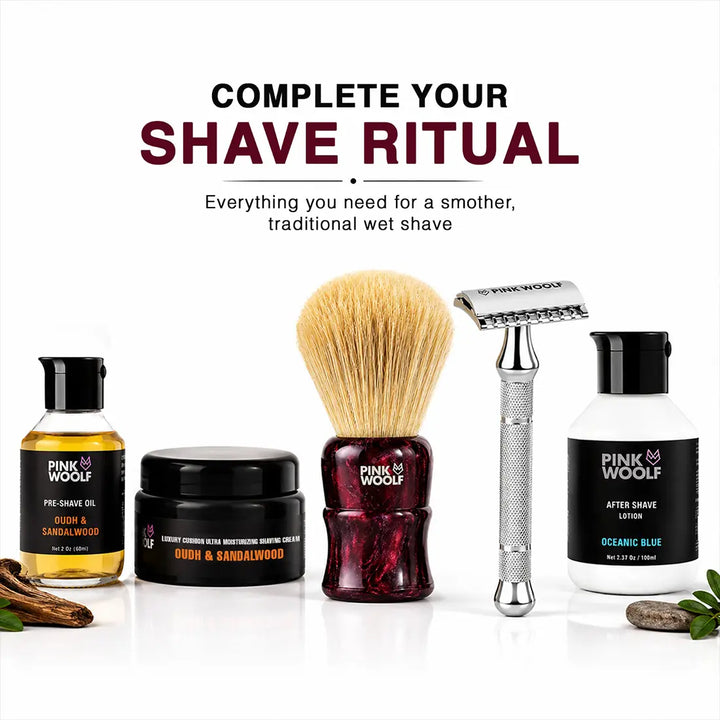 Pink Woolf traditional wet shaving kit with boar brush safety razor shaving cream and pre-shave oil