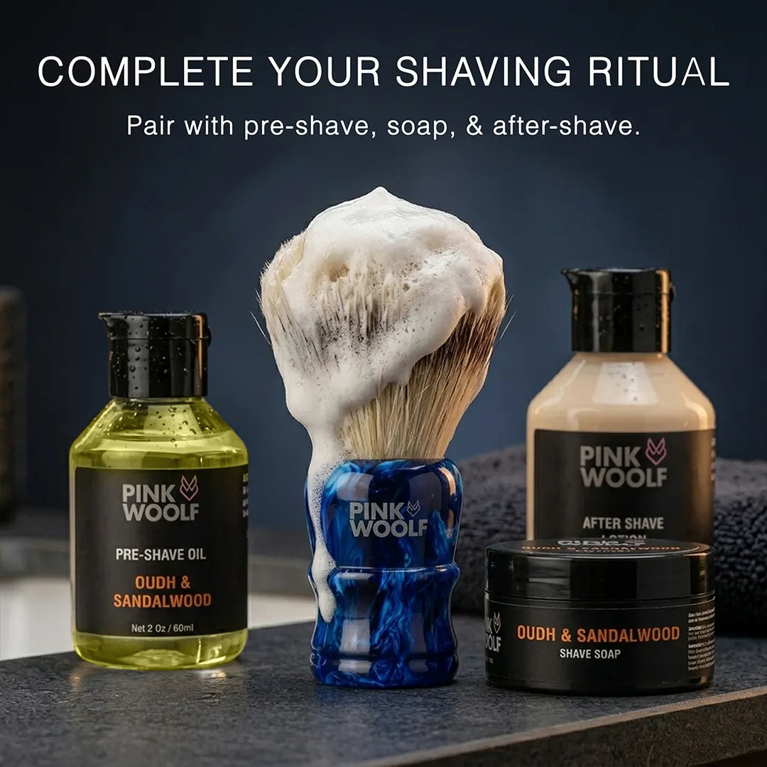 Pink Woolf Blue Monster shaving brush with pre shave oil shaving soap and after shave