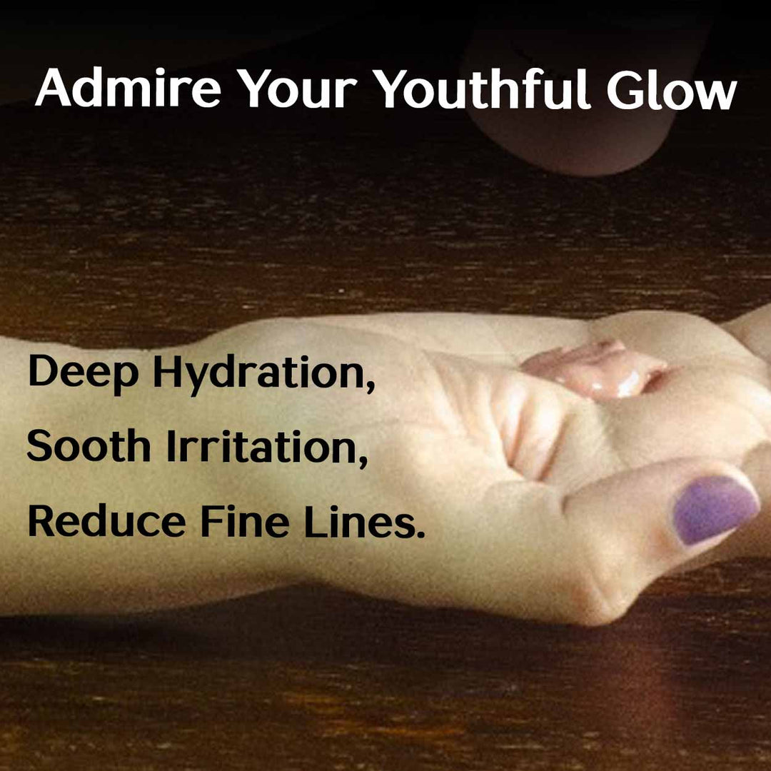 Hand with purple nail polish on a wooden surface, text about skincare benefits.