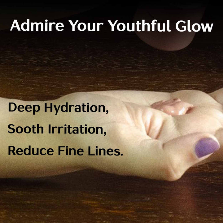 Hand with purple nail polish on a wooden surface, text about skincare benefits.