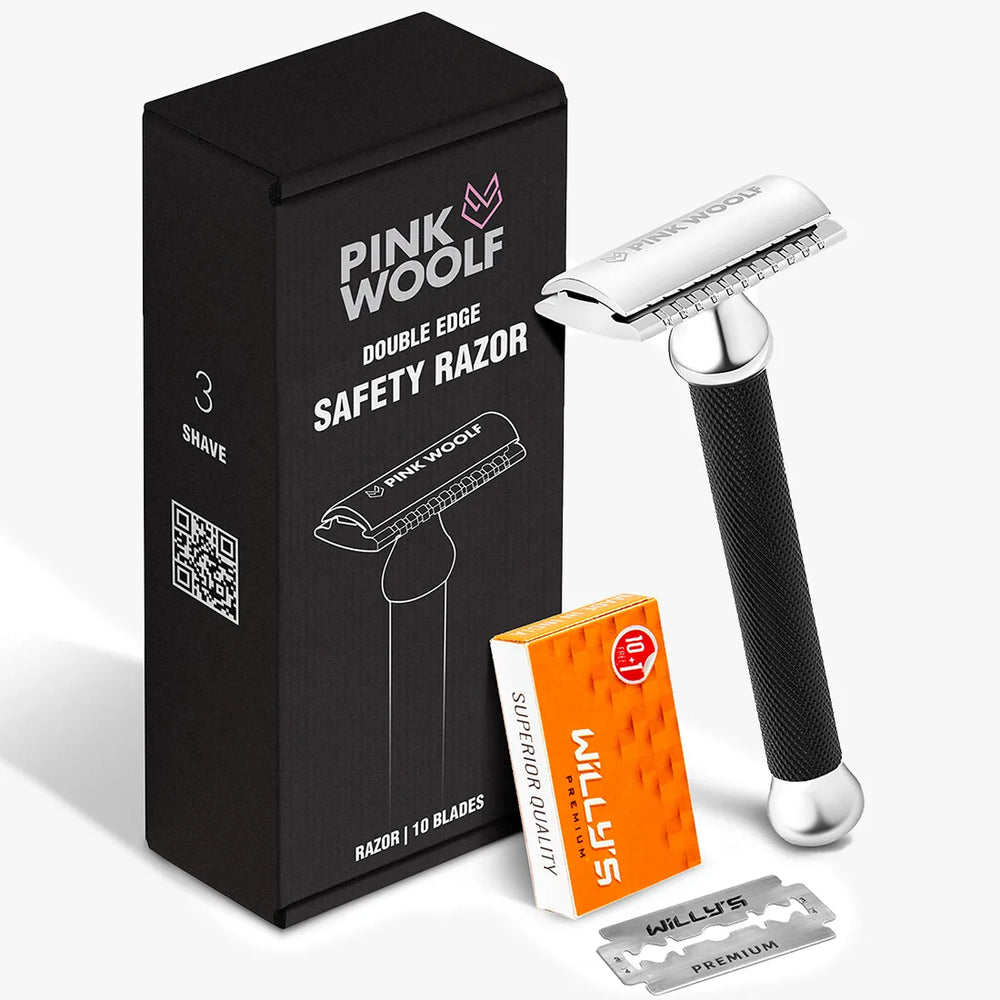 Pink Woolf CC87 closed comb safety razor in black with box and double edge razor blades