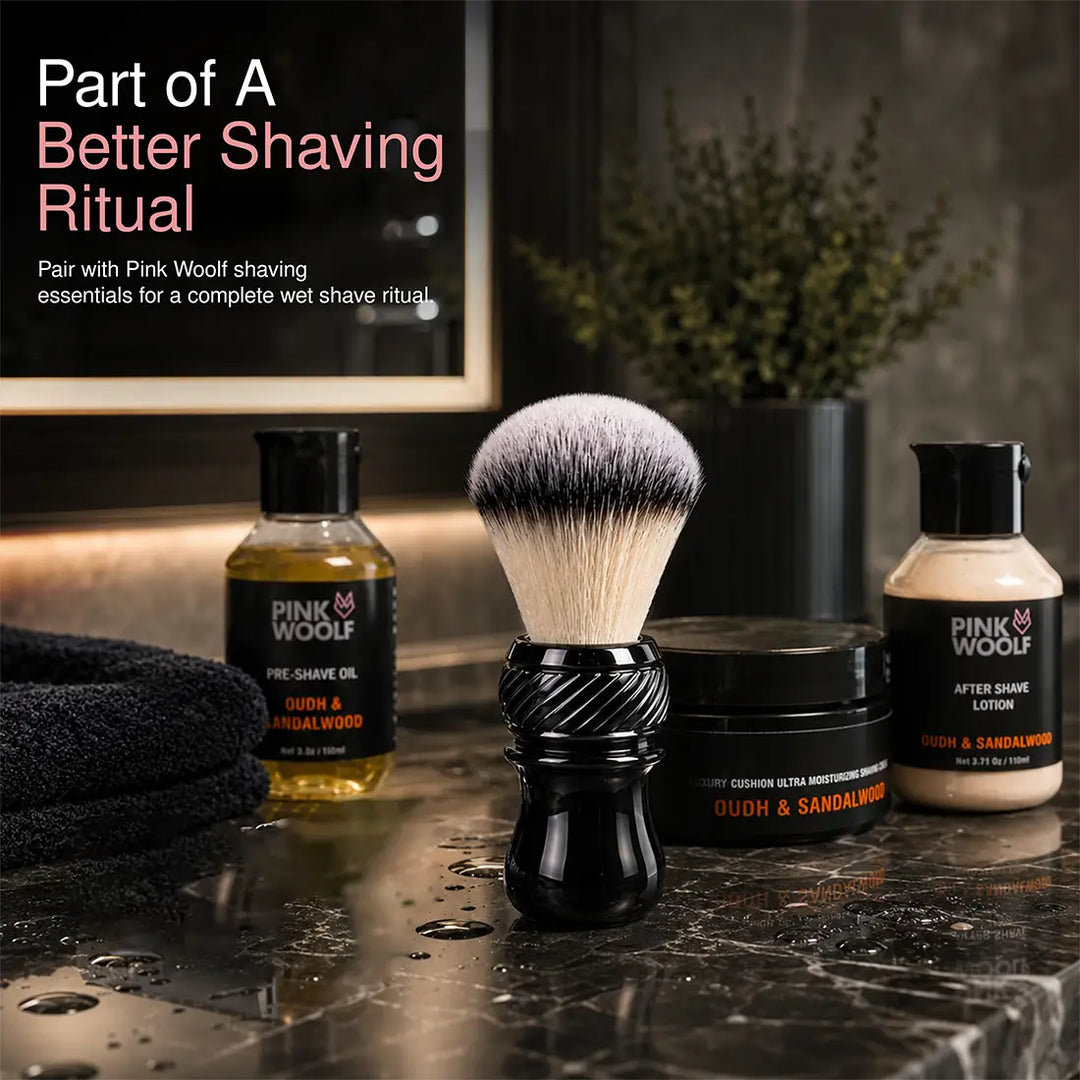 Pink Woolf Tuxedo shaving brush with wet shaving essentials for a complete shaving ritual