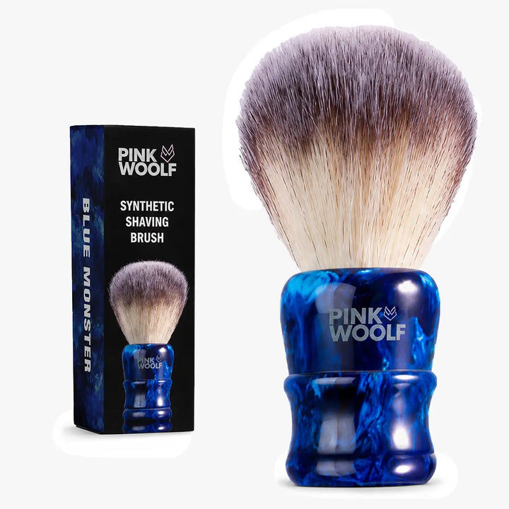 Pink Woolf Blue Monster synthetic shaving brush with 28mm knot and blue resin handle