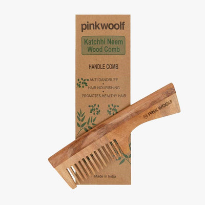Neem Wooden Comb - Wide Teeth With Handle - Neem Comb, Neem Wooden CombPinkWoolf