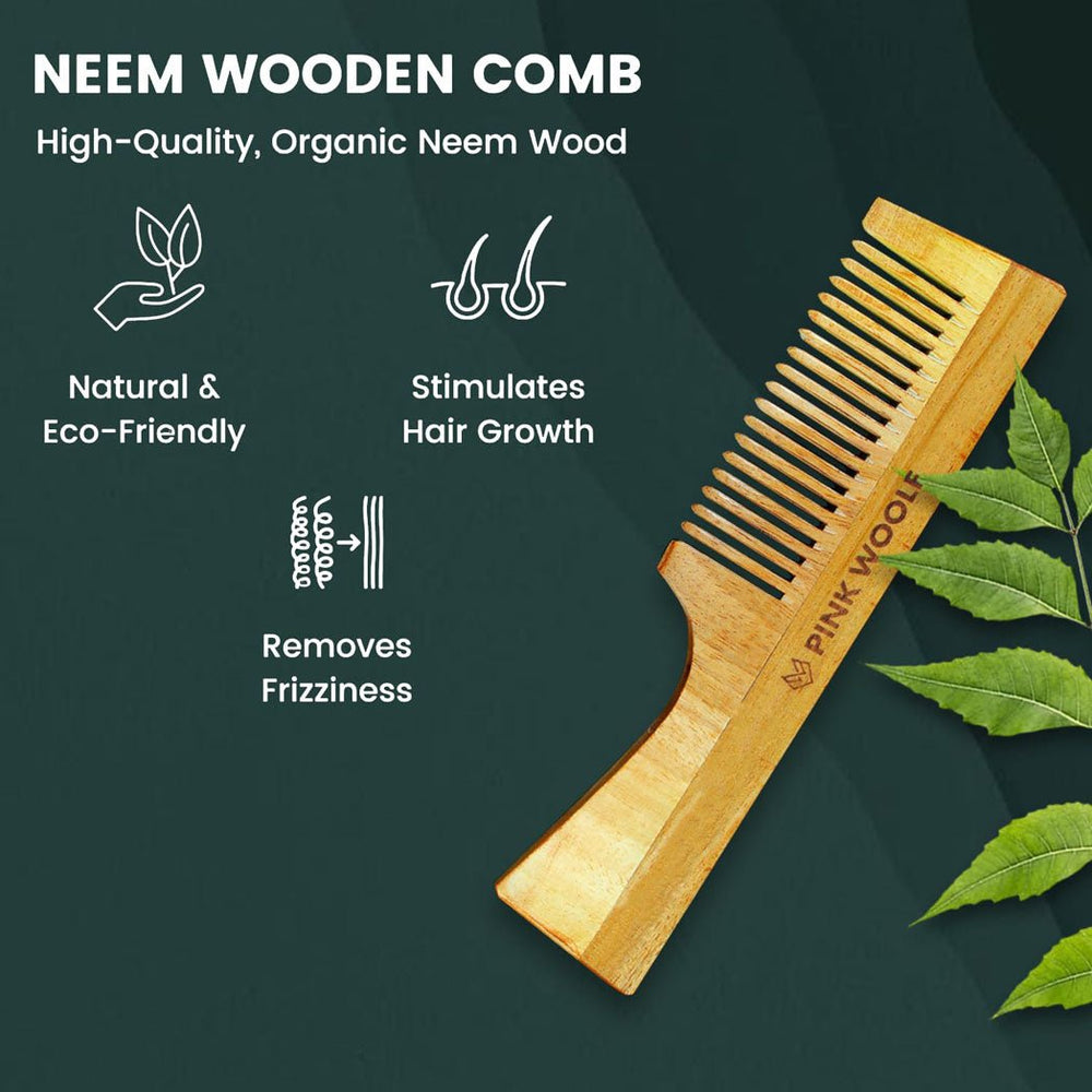 Neem Wooden Comb - Wide Teeth With Handle - Neem Comb, Neem Wooden CombPinkWoolf