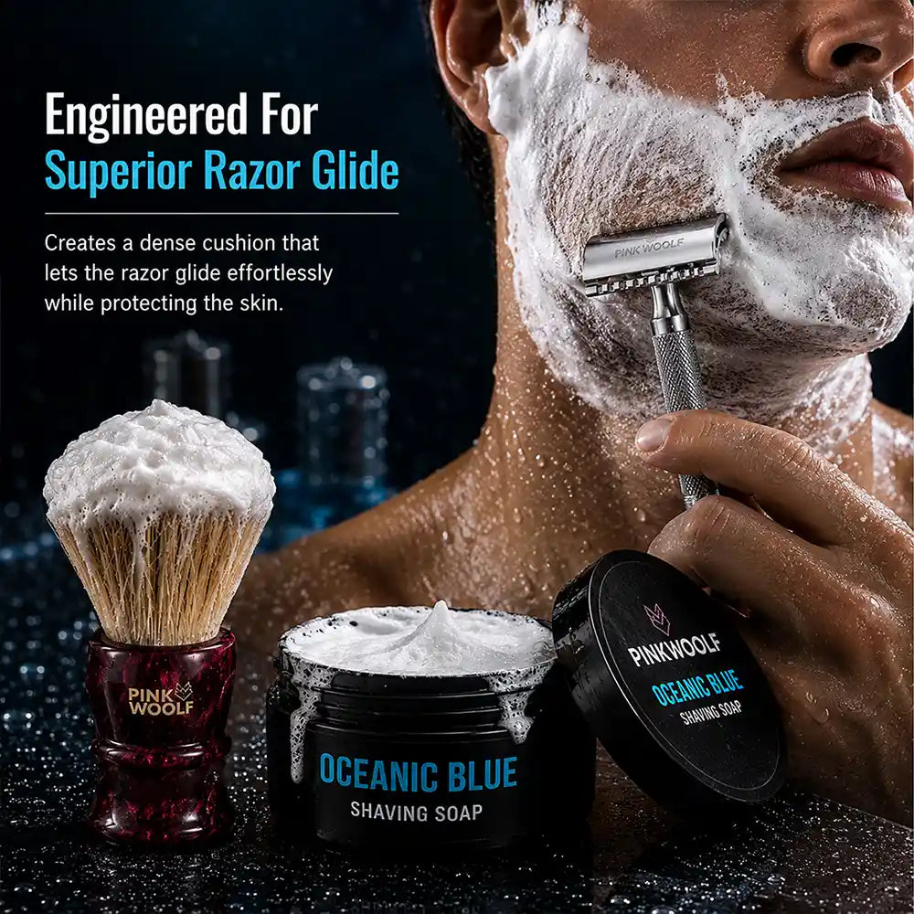 Oceanic Blue shaving soap with rich lather designed to support smooth razor glide