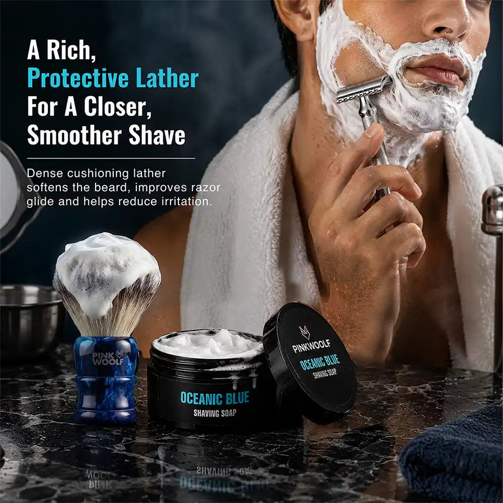 Pink Woolf Oceanic Blue shaving soap creating rich cushioning lather for a smoother wet shave