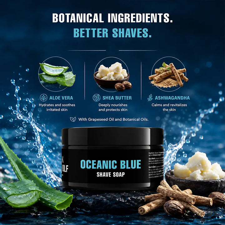 Pink Woolf Oceanic Blue shaving soap highlighting selected ingredients for lather and skin comfort
