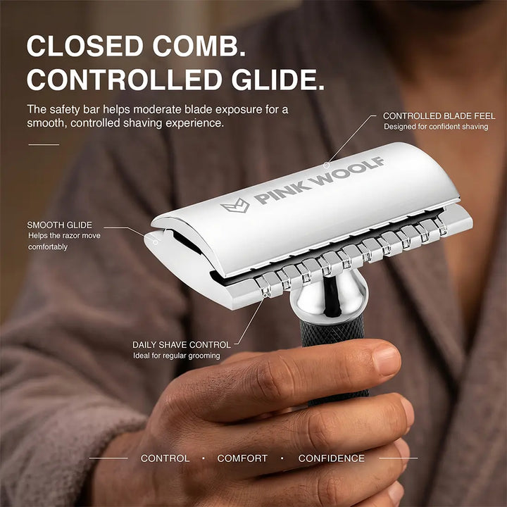 CC87 closed comb safety razor head with safety bar for controlled blade feel and smooth glide for sensitive skin