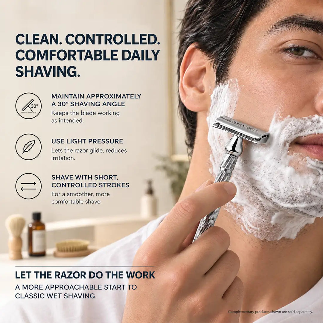 How to shave with Pink Woolf CC87 closed comb safety razor using light pressure and controlled strokes