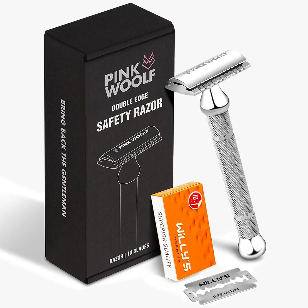Pink Woolf CC87 closed comb safety razor in chrome with box and double edge razor blades