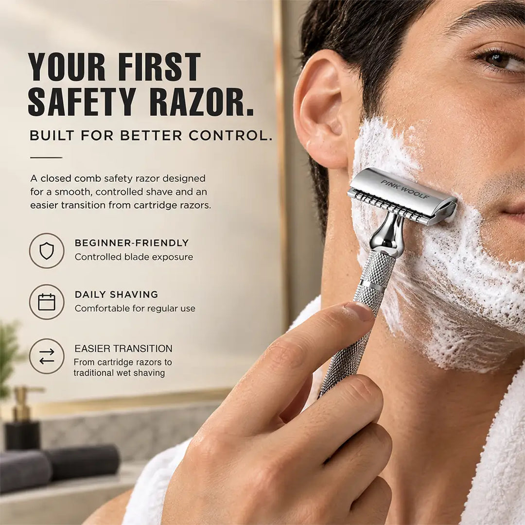 Pink Woolf CC87 closed comb safety razor designed for beginners and controlled daily shaving