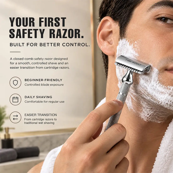 Pink Woolf CC87 closed comb safety razor designed for beginners and controlled daily shaving