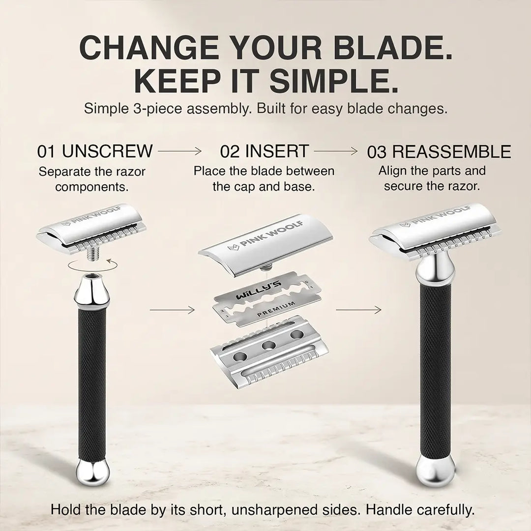How to change a DE double edge blade in the Pink Woolf CC87 three piece safety razor