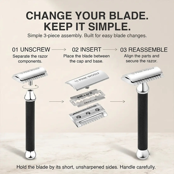 How to change a DE double edge blade in the Pink Woolf CC87 three piece safety razor