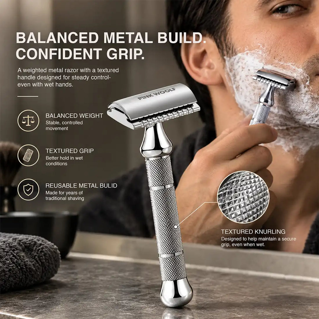 Pink Woolf CC87 metal safety razor with balanced weight and textured grip for wet shaving