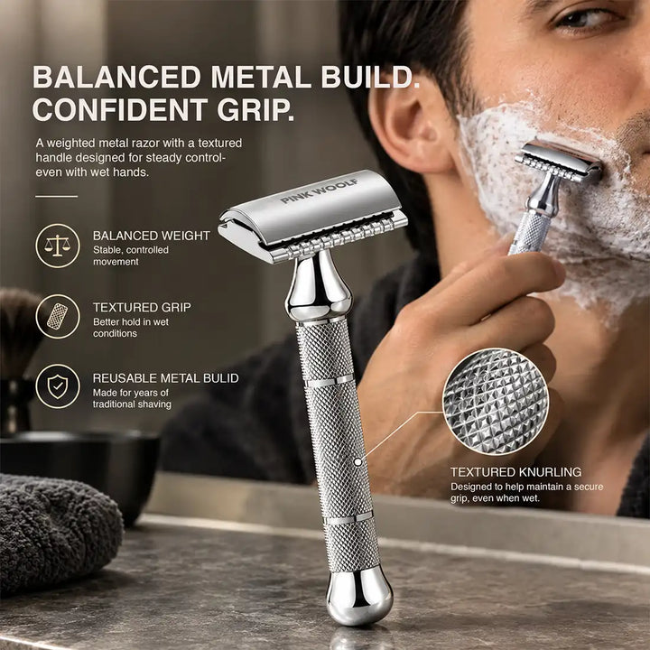 Pink Woolf CC87 metal safety razor with balanced weight and textured grip for wet shaving